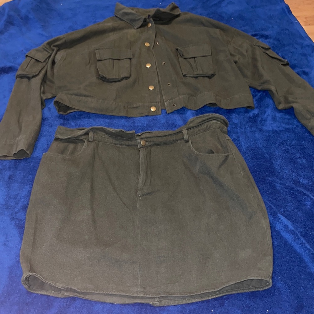 Green skirt and jacket jean set from Fashion Nova.